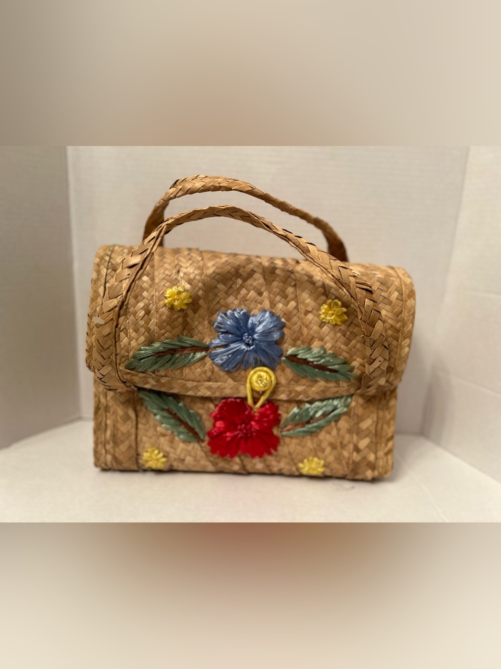 Embroidered Straw Tote Bag in Natural with Red, Blue & Yellow Flowers